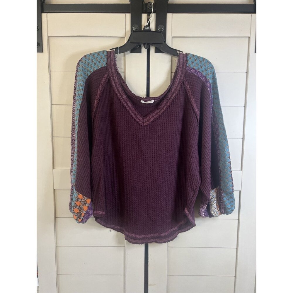 Hummingbird Top Women’s Boho Waffle Trim Balloon Long Sleeve Size M Western
